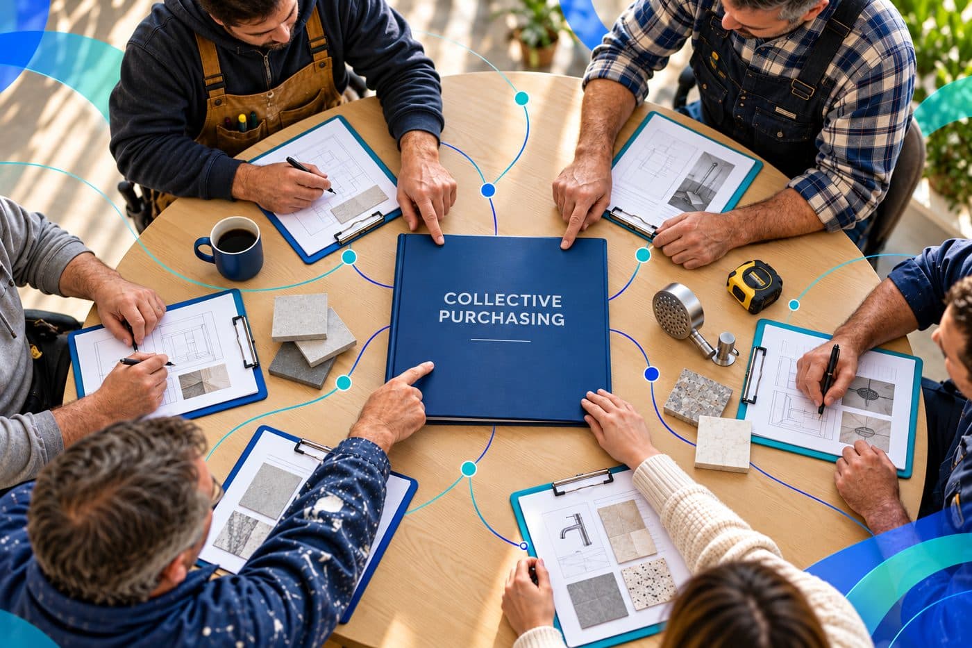 Contractors gathered around a round table, reviewing plans and material samples, with a book titled Collective Purchasing at the centre.
